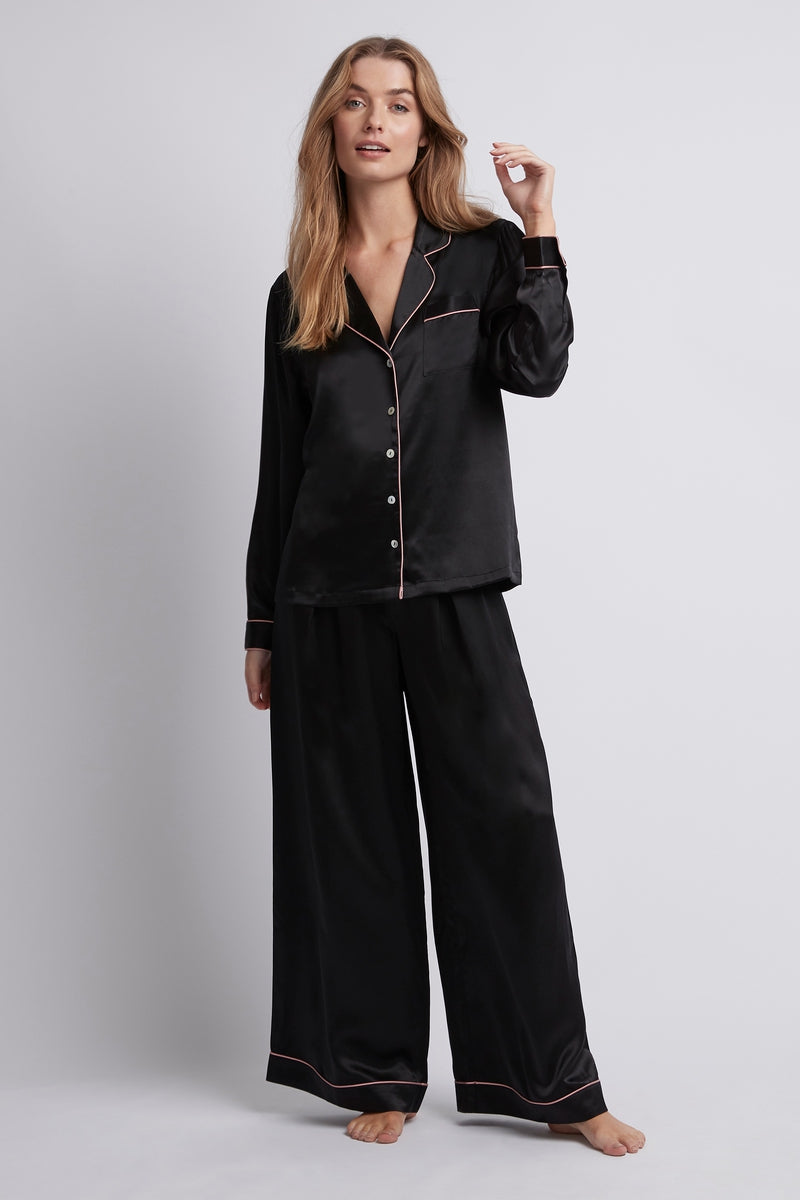 Homebodii Silk Women's Pyjama Set - Black with blush piping
