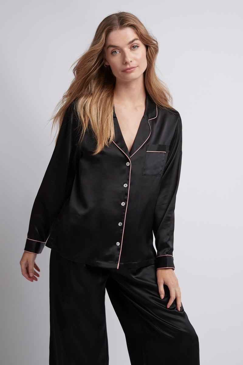 Homebodii Silk Women's Pyjama Set - Black with blush piping