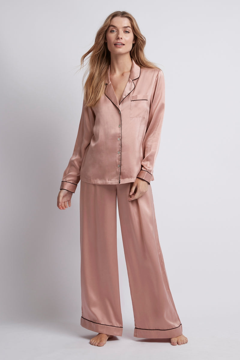 Homebodii Silk Women's Pyjama Set - Rose with black piping