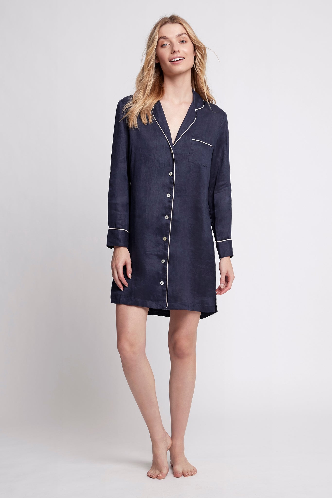 Linen Sleep Shirt - Navy with Blush Piping