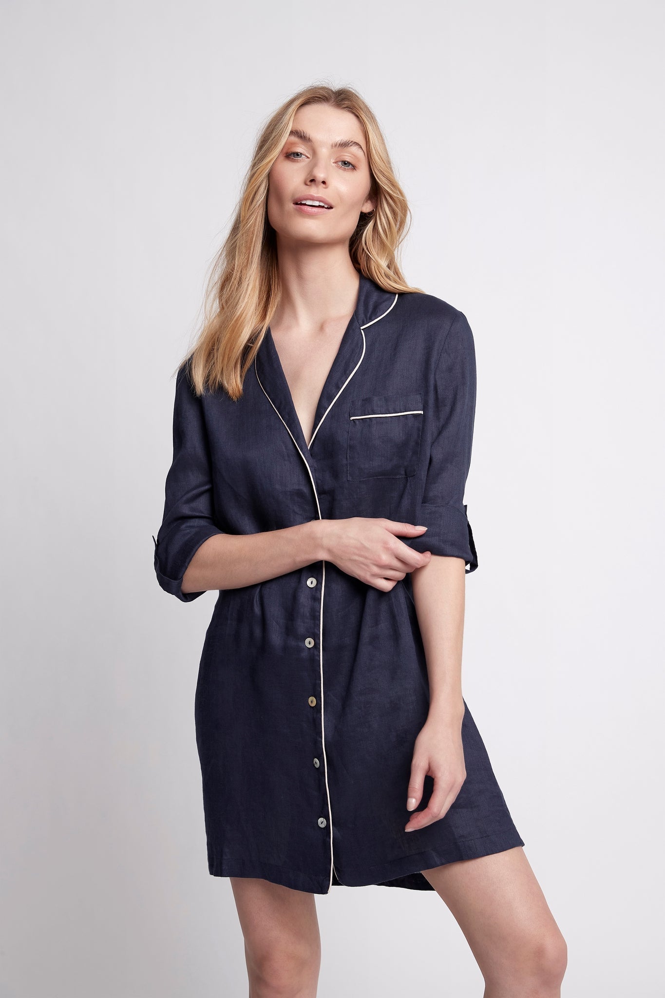Linen Sleep Shirt - Navy with Blush Piping